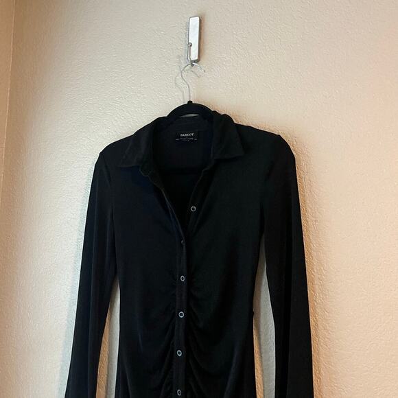 Bardot Black Shimmer Ruched Bodycon Dress Stretch Long Sleeve 4 Button Down - Picture 3 of 7